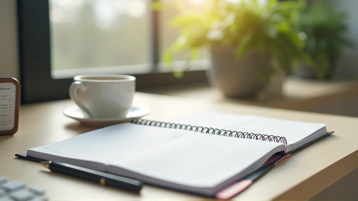 日本上班族清晨在書桌前打開手帳與咖啡