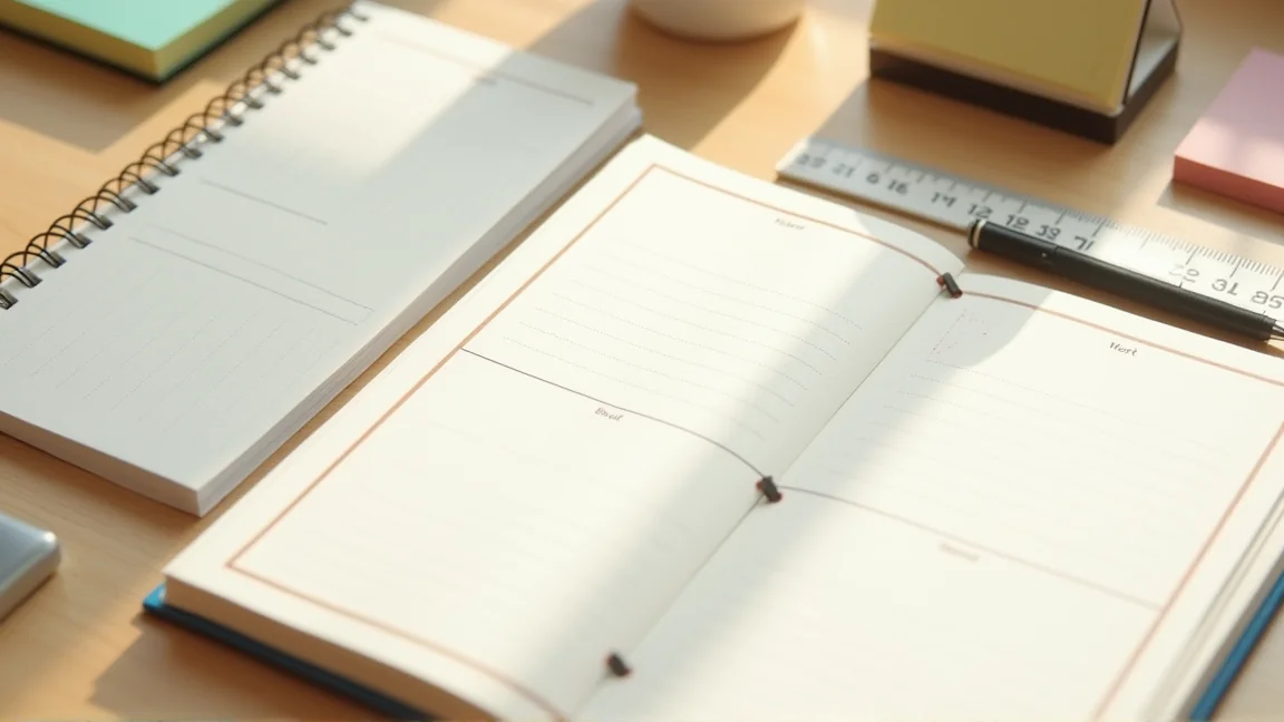 桌上擺放多本日本手帳與鋼筆的俯視圖