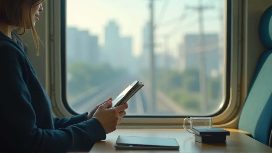 早晨通勤電車車窗外的東京街景與手中的筆記本