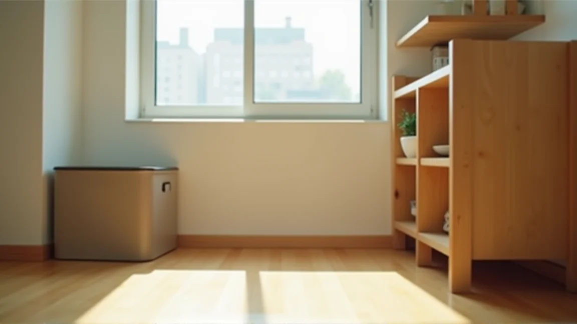 東京小套房的整潔室內一角，木地板上放著一個收納箱