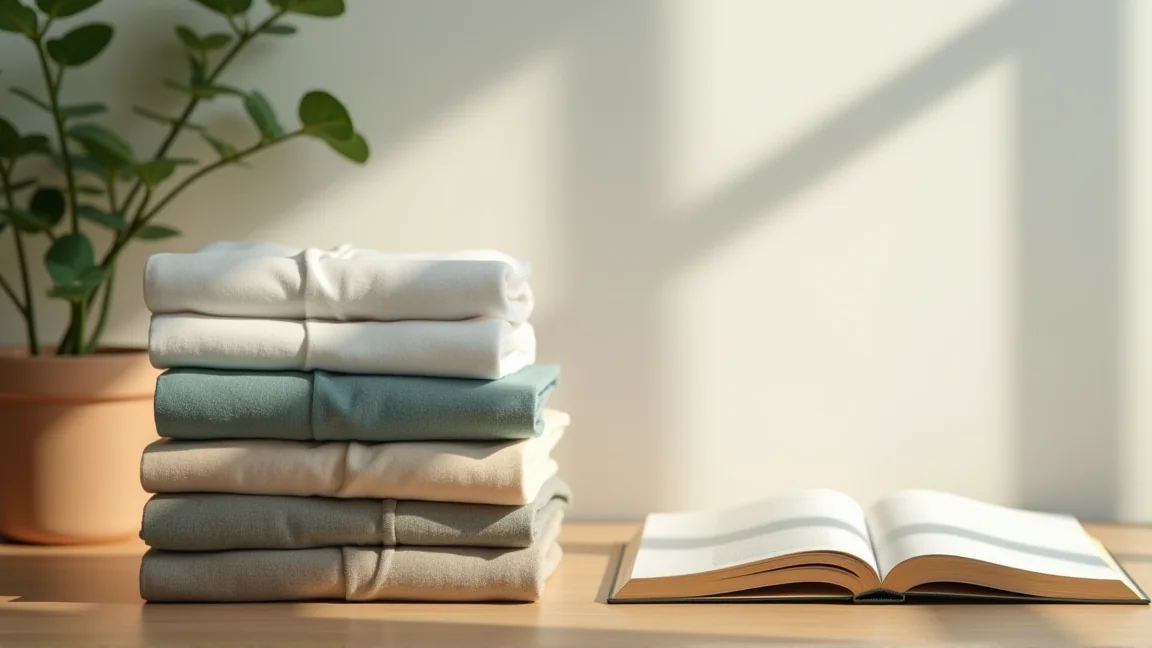 木桌上放著整齊摺好的衣物和一本整理主題的書