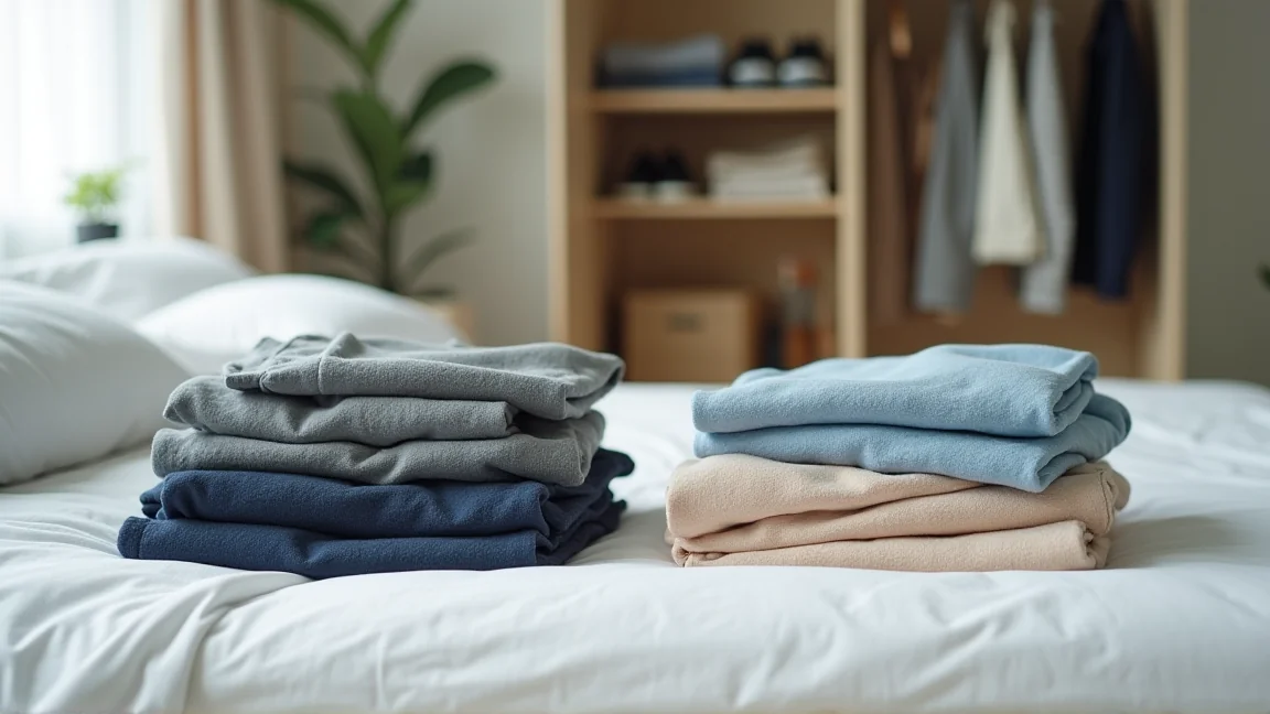 衣櫃整理中，衣物分成去留兩堆放在床上