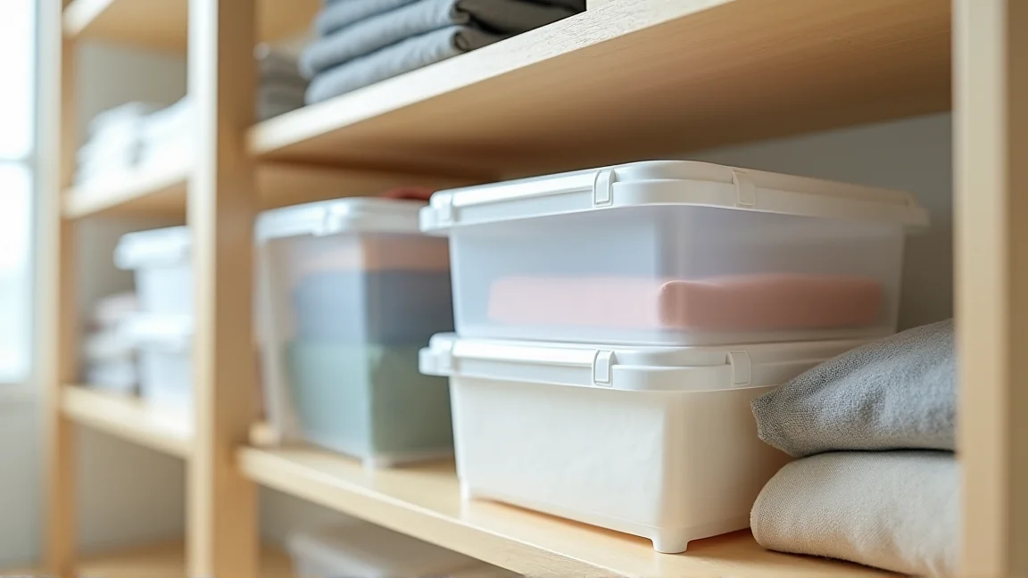無印風格的透明收納盒整齊排列在衣櫃中