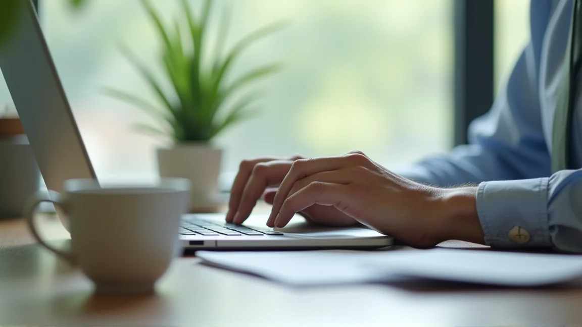 日本上班族在筆電前撰寫商務郵件的手部特寫
