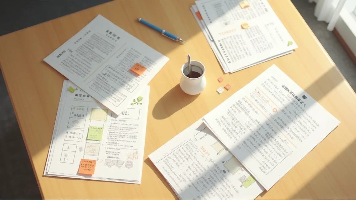 日本會議室桌上排列整齊的資料與手寫備忘便條