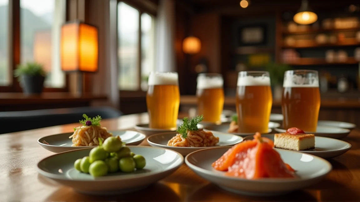 日本居酒屋桌面上的啤酒杯與小菜
