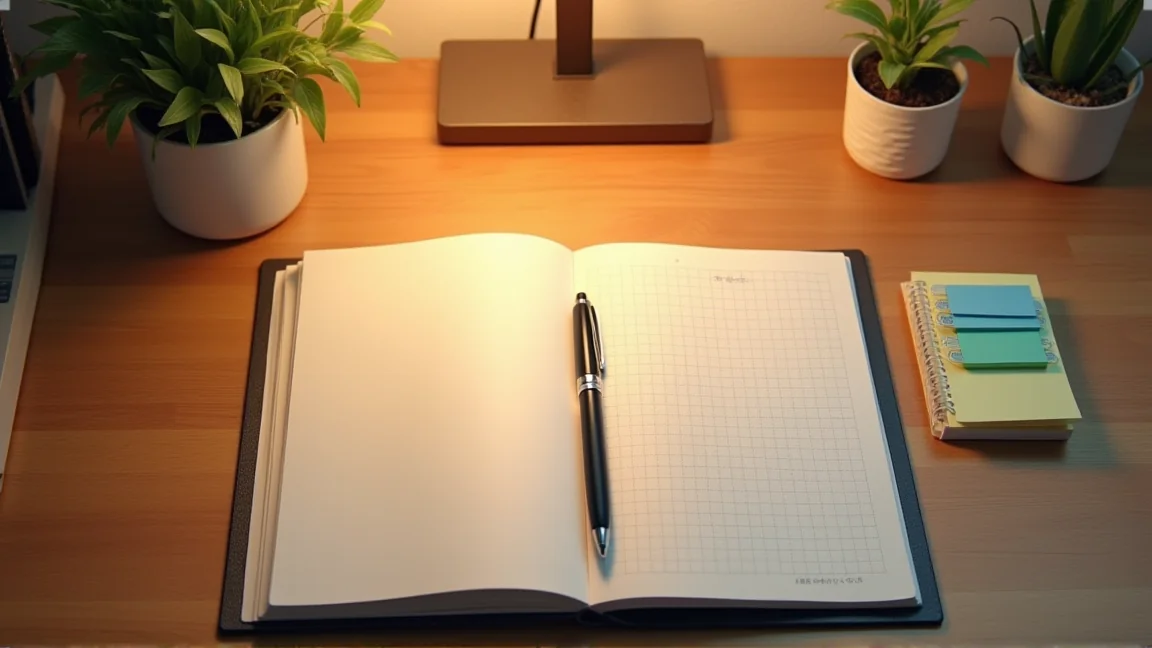 書桌上擺著筆記本、便利貼和一本攤開的商務書