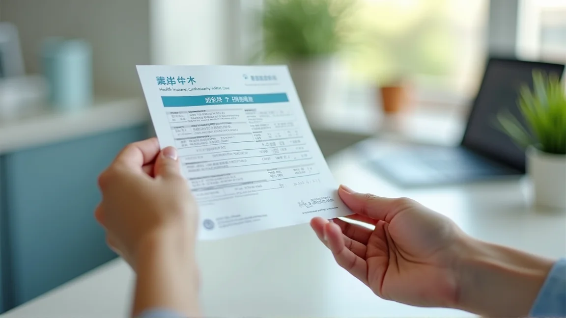 在診所櫃檯出示資格確認書辦理掛號的手部特寫