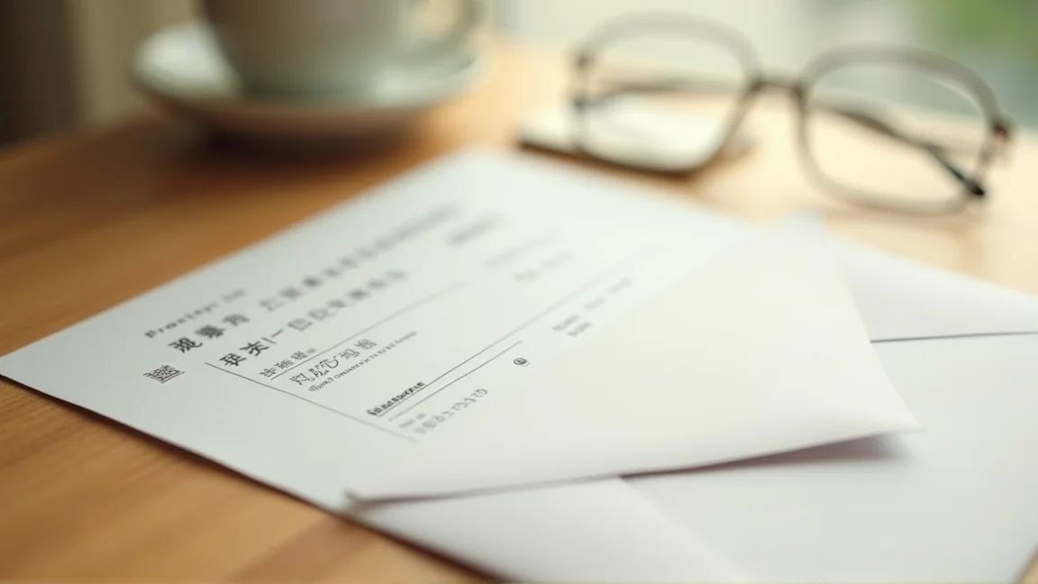 桌上放著寫有到期日期的日本健康保険資格確認書信封
