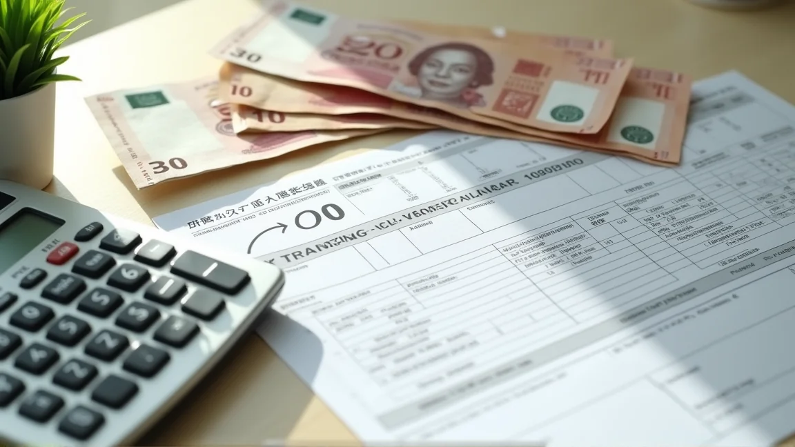 手拿計算機核算職業訓練受講給付金金額的桌面情境