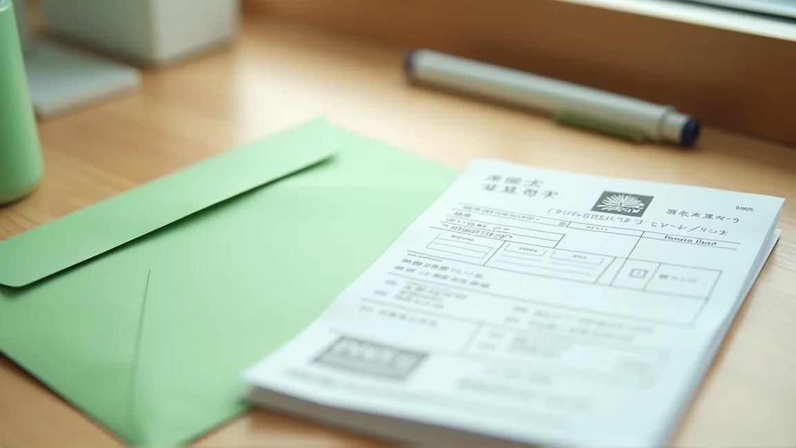 日本年金機構寄出的綠色信封與明信片型請求書放在木質書桌上