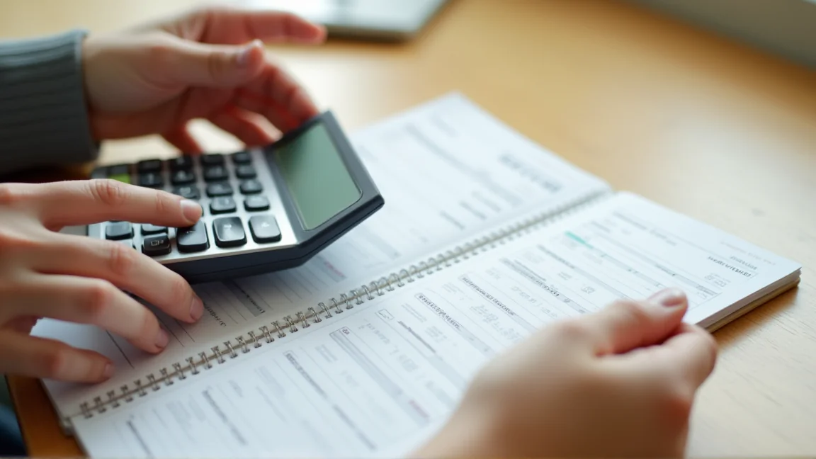 手拿計算機與年金存摺核對每月金額