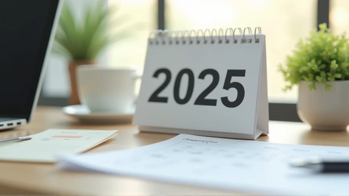 桌曆顯示2025年4月與一份薪資單並排放置