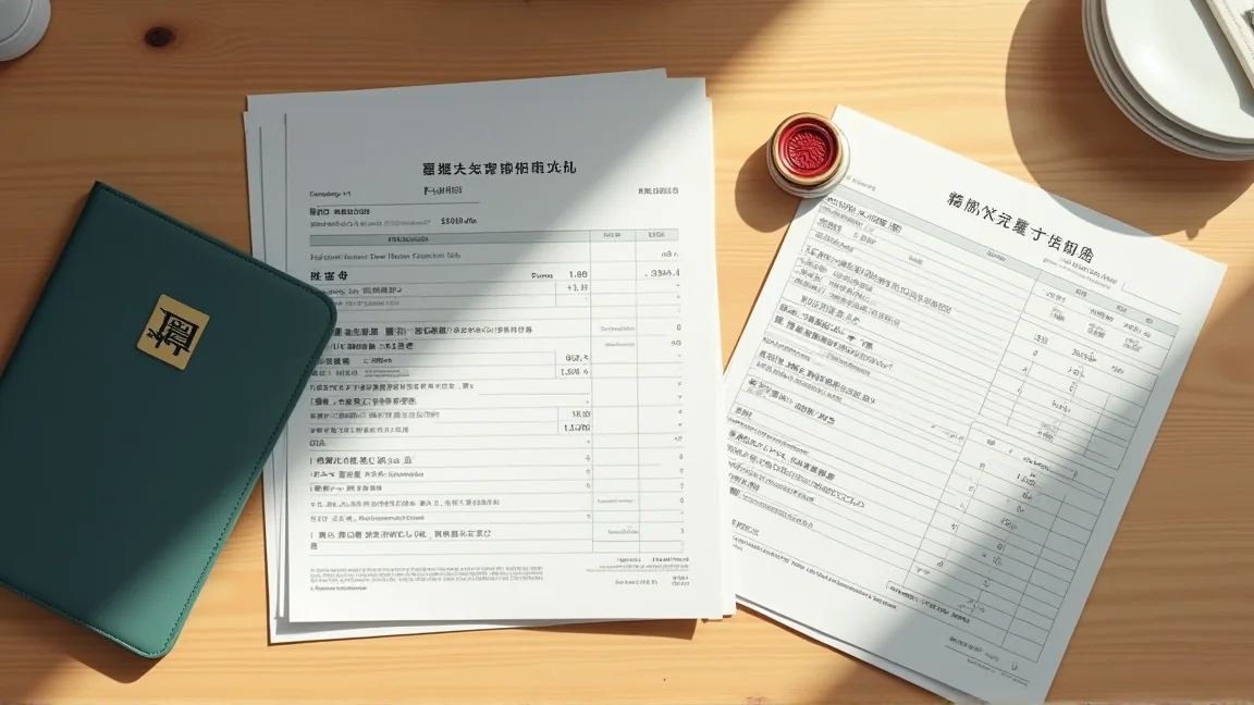 桌上整齊排列著薪資明細、源泉徴収票與存摺等佐證文件，旁邊放著印章