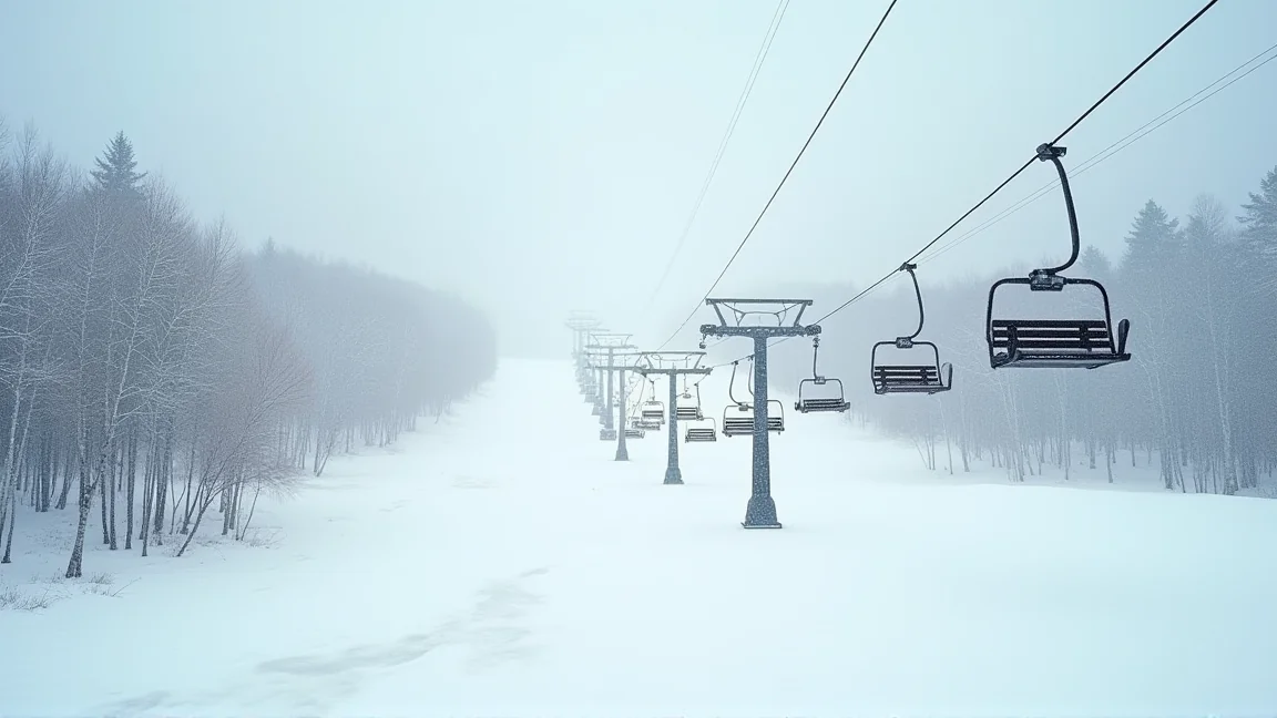北海道滑雪場旺季結束、纜車停駛的冬末場景,象徵季節性工作的離職