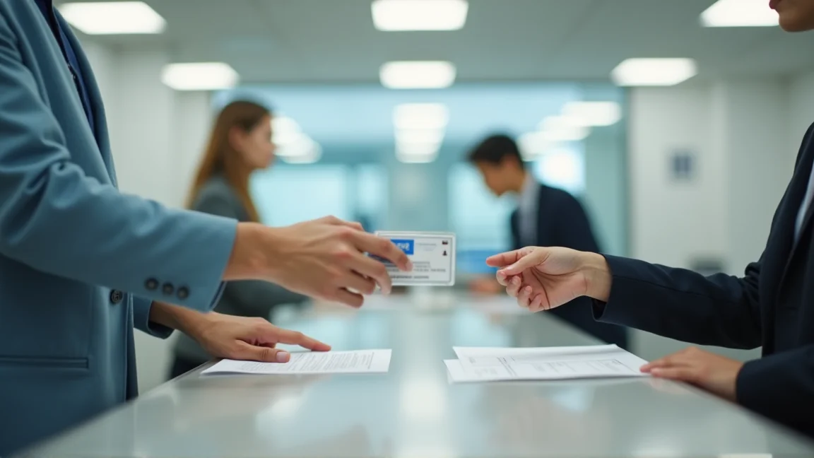 外國人在Hello Work櫃檯遞交離職票與在留卡辦理手續,俯視角只拍手與文件
