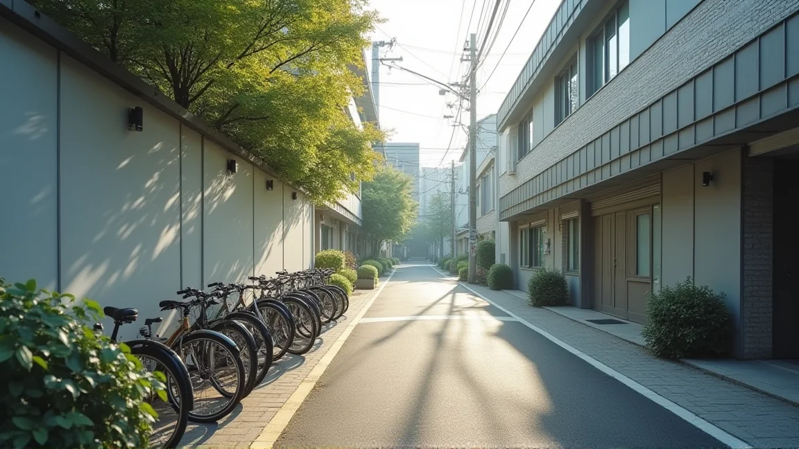 清晨住宅區通往學校的通學路與停放的腳踏車