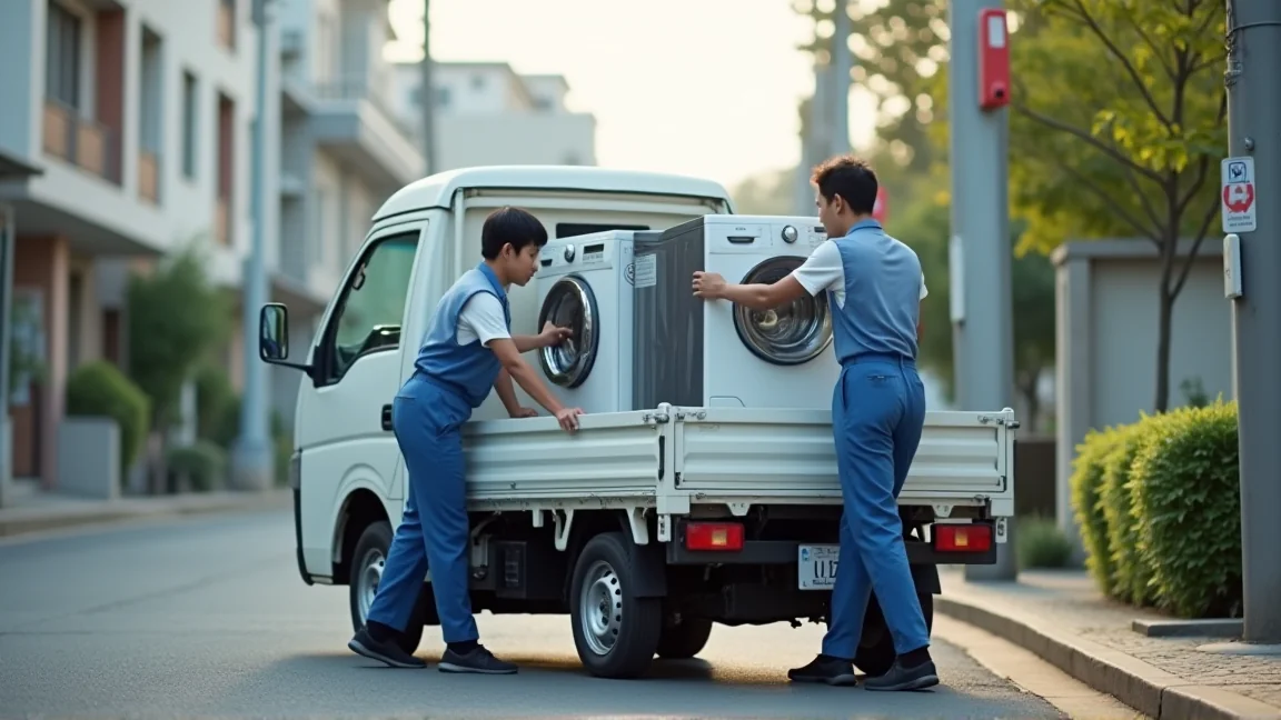 工人在住宅區街道上把洗衣機搬上小貨車