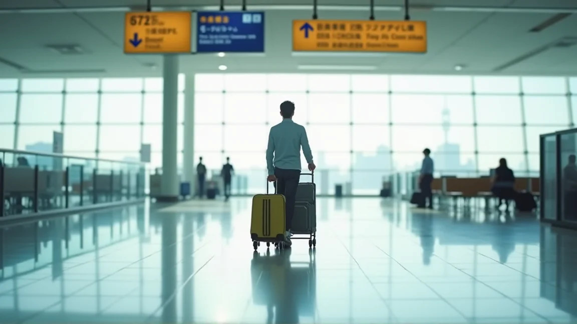 機場出境大廳推著行李的旅客背影