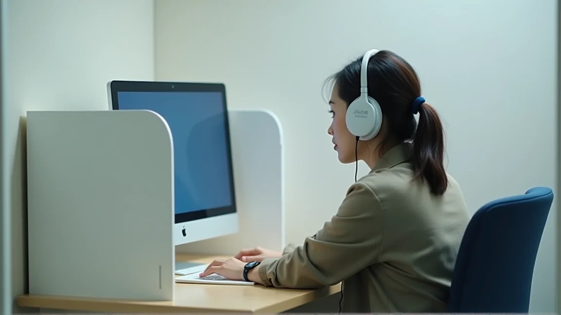 考場隔間裡戴耳機作答的考生