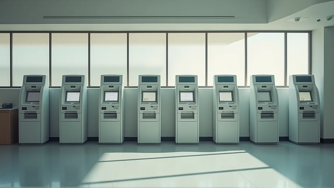 銀行大廳裡並排的自動提款機