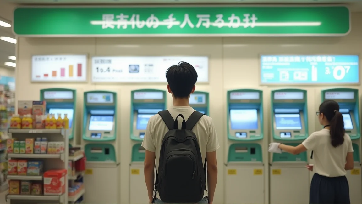 便利商店提款機前排隊等候的人影