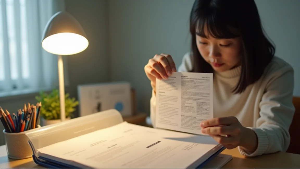 留學生在宿舍書桌前把卡片與表格收進透明資料夾