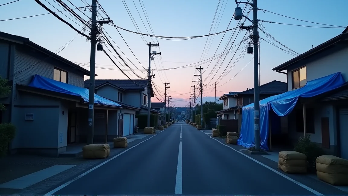 傍晚的住宅區街道與屋頂蓋著藍色防水布的房子