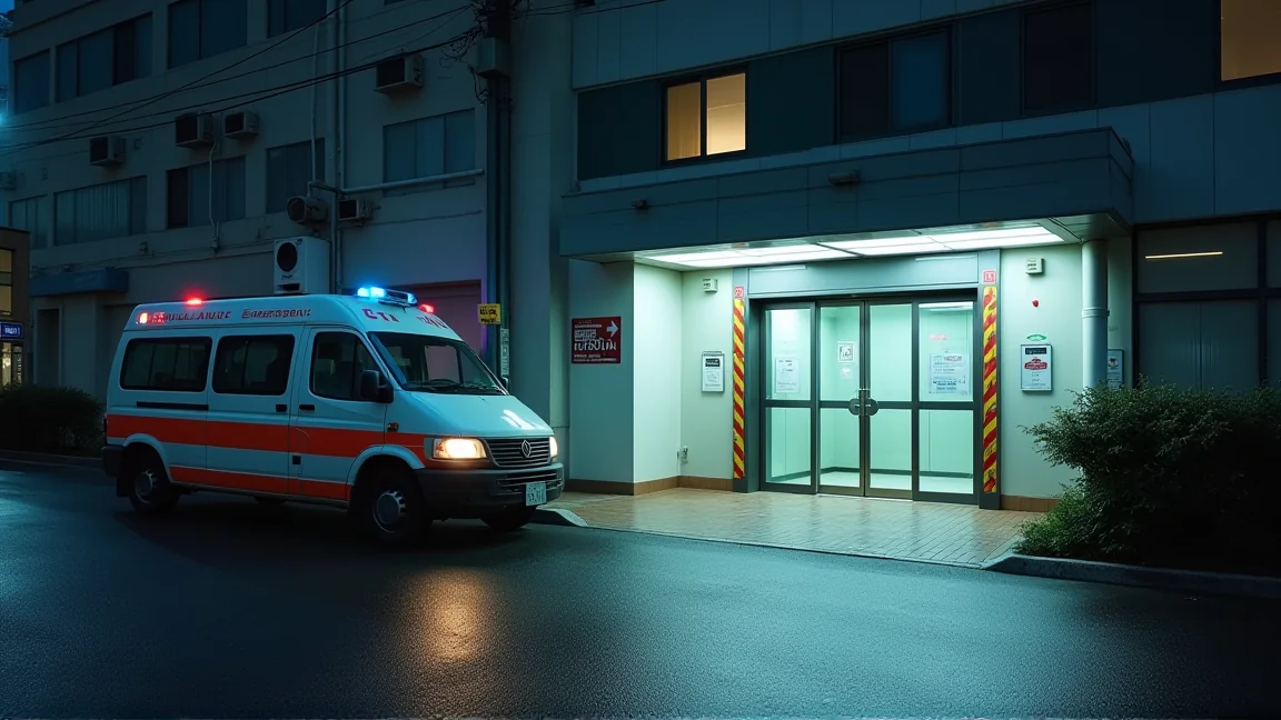 夜間急診入口外停著的救護車與亮著的自動門