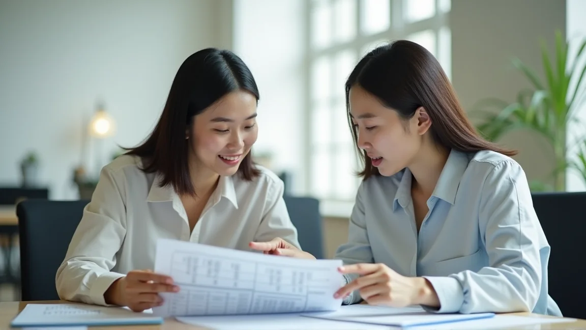 兩名同事在辦公桌前指著一份紙本表格討論