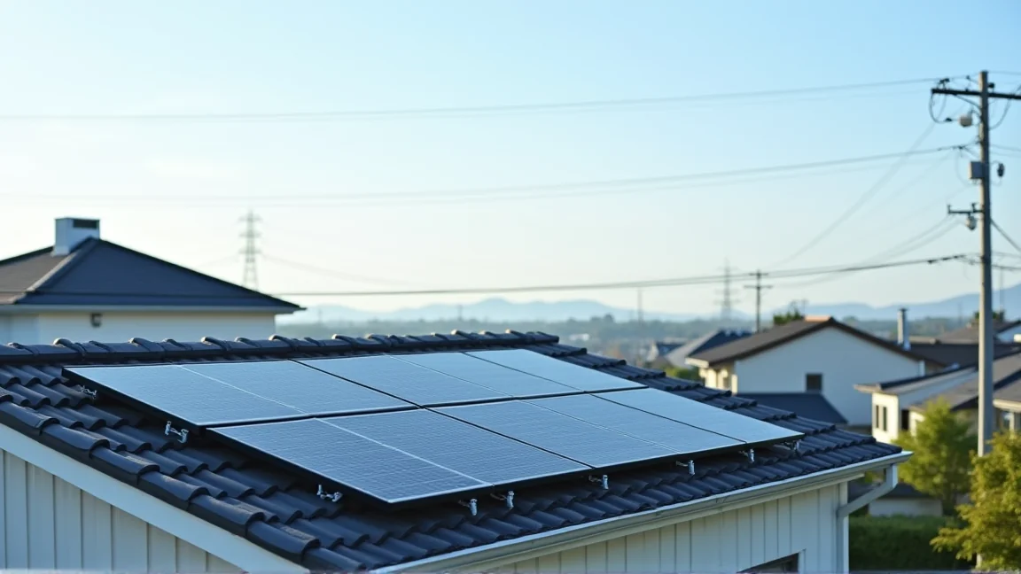 住宅屋頂的太陽能板與遠方送電鐵塔