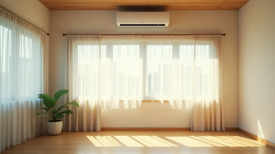 夏日午後拉上薄窗簾的房間與冷氣出風口