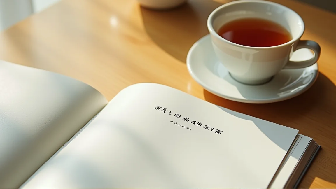 書桌上攤開的員工手冊與一杯茶