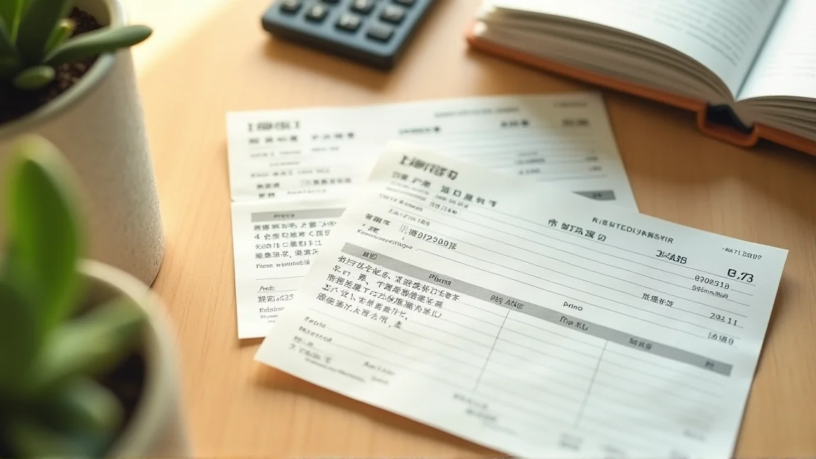 攤在桌上的兩張匯款單據與一本記事本，旁邊放著計算機