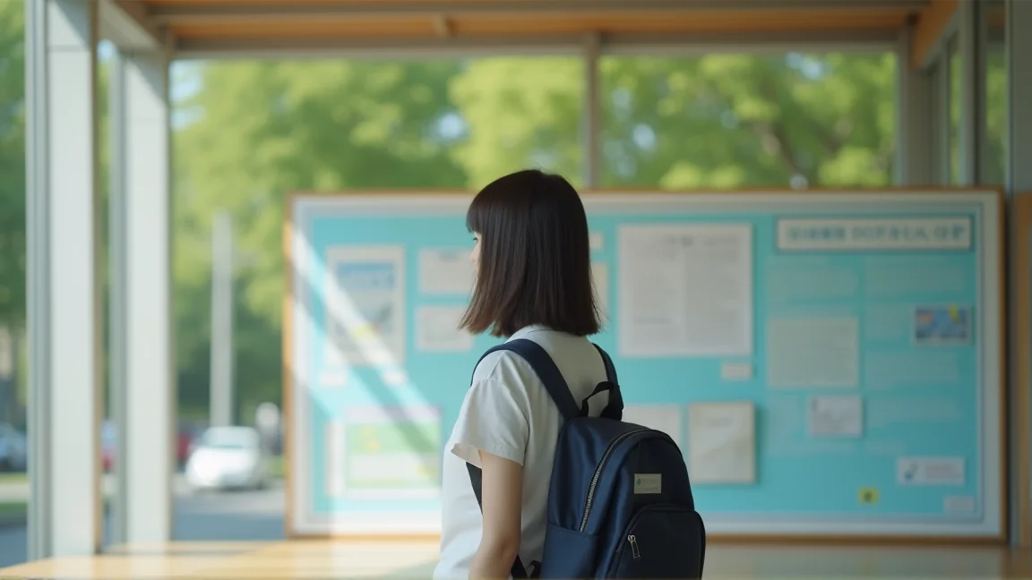 大學校園的公佈欄前，學生背著書包停下來看公告