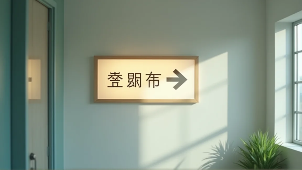 醫院走廊牆面上的科別指示牌，燈箱亮著但字不可辨識