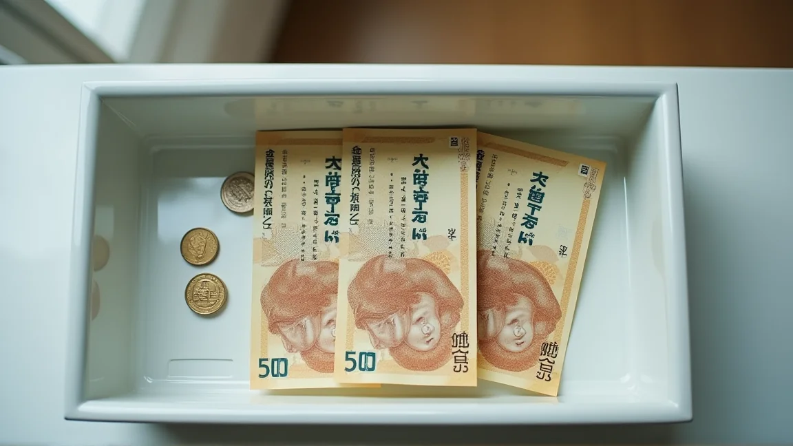 日圓紙鈔與硬幣放在醫院繳費櫃台的托盤裡