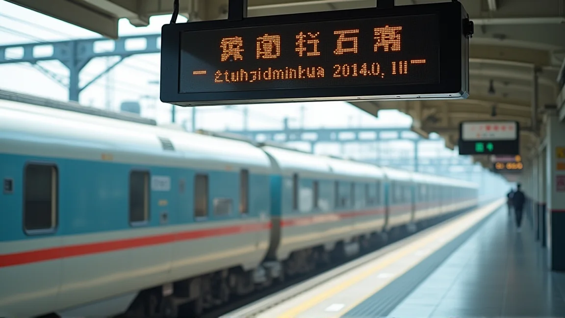 新幹線月台上停靠的列車與電子看板，看板文字不可辨識