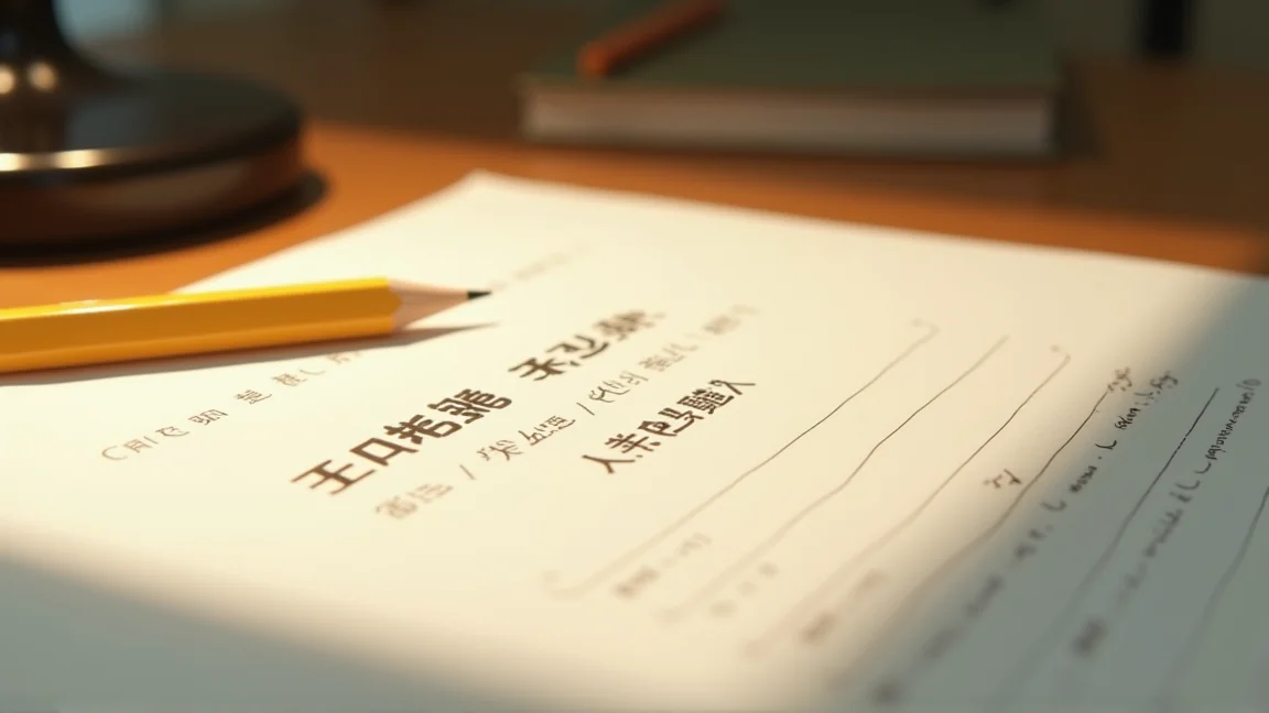 原文文件旁邊放著手寫的譯文稿紙與鉛筆（手寫與印刷文字皆不可辨識）