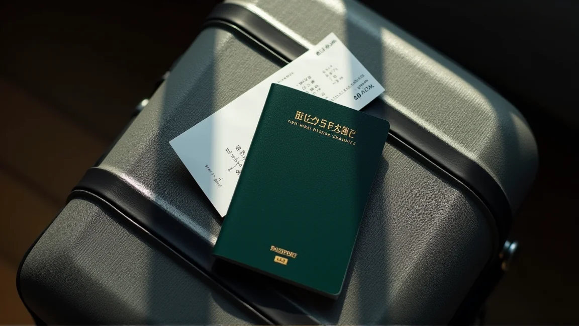 台灣護照與登機證放在深色行李箱上的俯拍，護照封面細節不可辨識