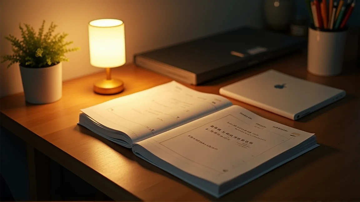 夜裡公寓書桌上疊放的就業規則影本與手寫筆記