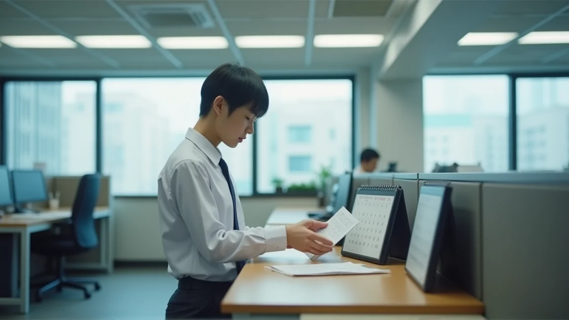 辦公隔間裡用桌上月曆數日數的上班族
