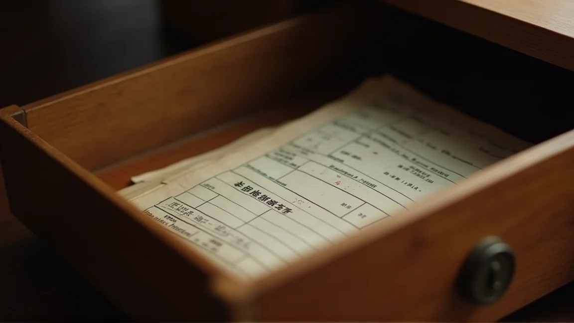 一本舊的日本銀行存摺放在打開的抽屜裡，印字不可辨識