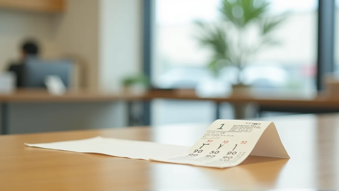 銀行分行櫃台前的填寫台上放著一張號碼牌，文字不可辨識
