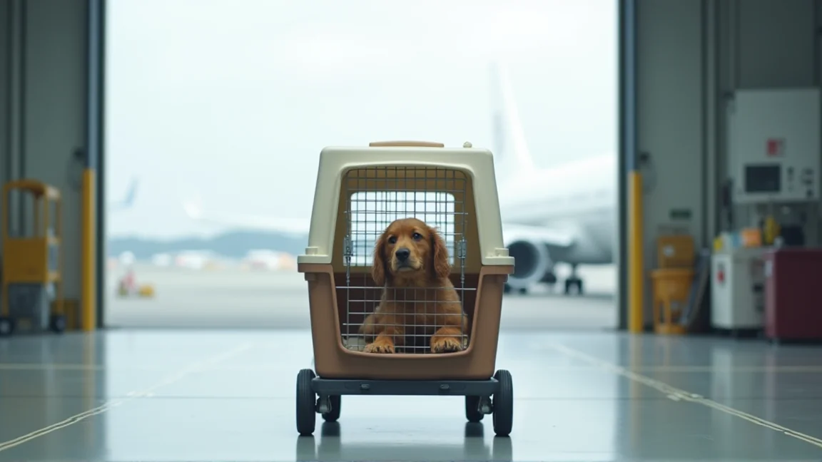 機場貨運區的動物運輸籠被推上推車，籠側的文件袋內容模糊