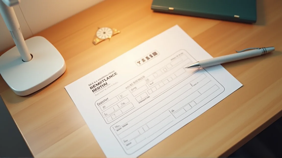 桌上攤開的匯款申請書與原子筆