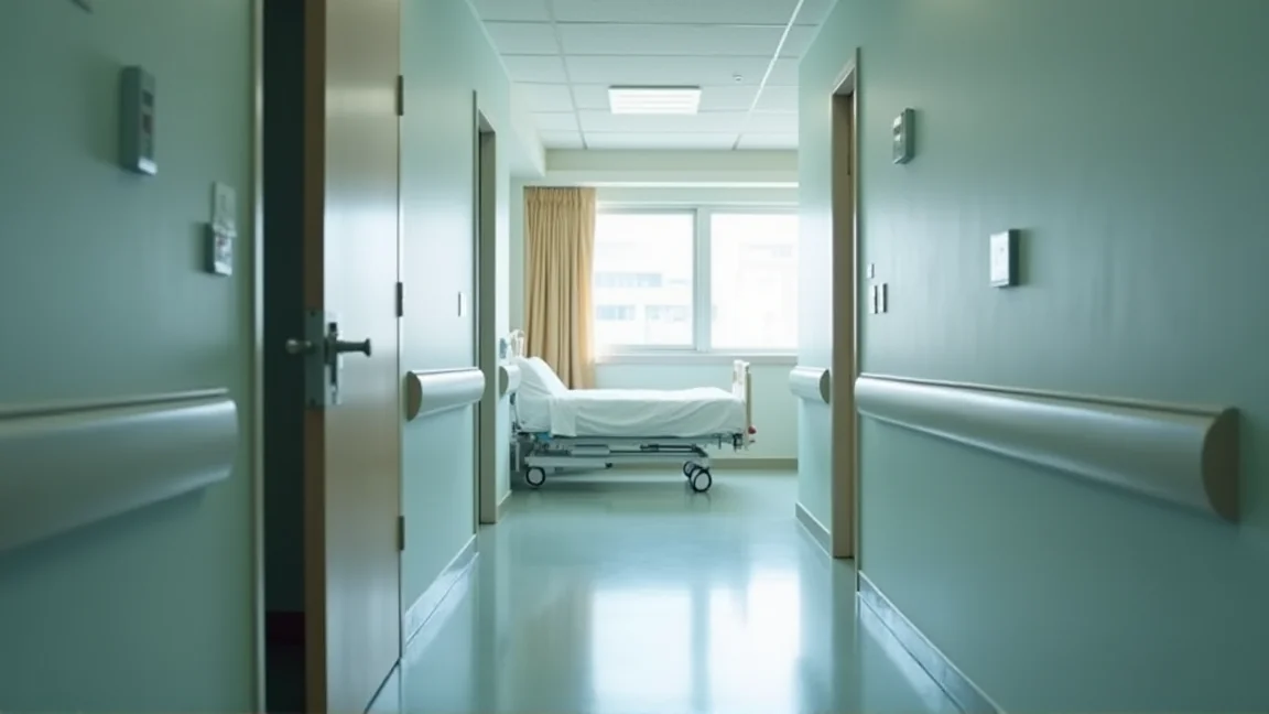 醫院走廊盡頭敞開的病房門與一張整理好的空床