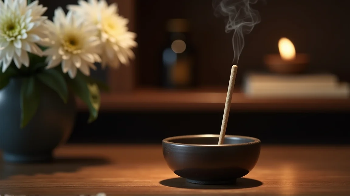 日本家中佛壇前的線香與白菊，畫面沒有任何文字