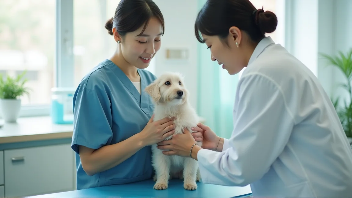 診療台上的獸醫與小型犬