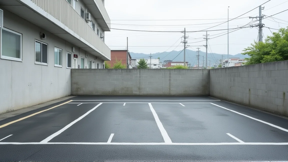 公寓後方劃線的月租停車位與水泥地面
